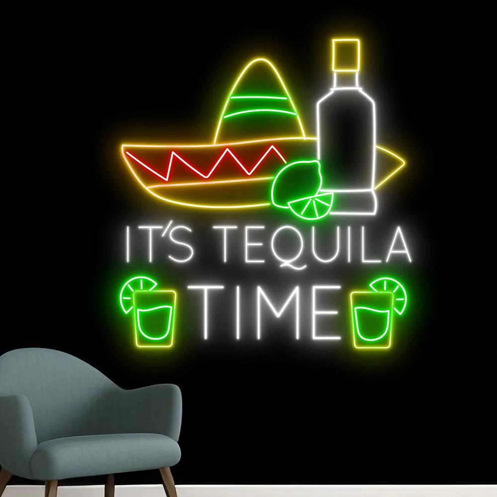 It's Tequila Time Neon Sign Custom Tequila Cocktail Bar LED Neon Light Home Wine Bar Pub Room Wall Decoration Personalized Gift