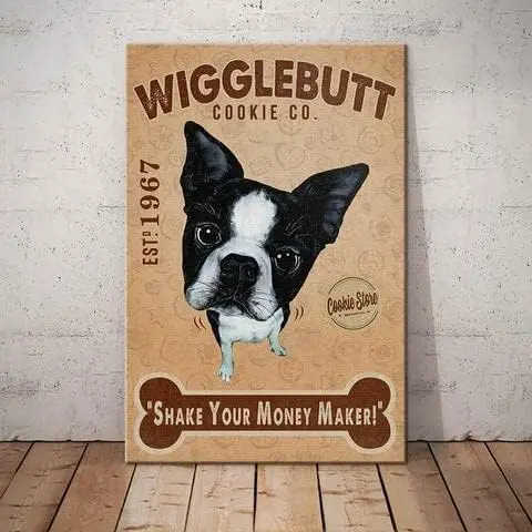 Letrero de estaño de Metal Boston Terrier Dog Wigglebutt Cookie Shake Your Money Maker, letrero Vintage de aluminio, letrero de estaño Retro para el hogar
