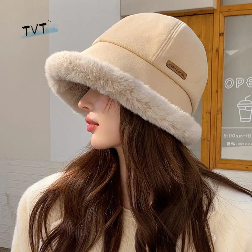 

Kawaii Windproof Velvet Panama Hat Soft Wide Brim Fluffy Fur Bucket Hat Thickened Retro Winter Fisherman Hat Streetwear