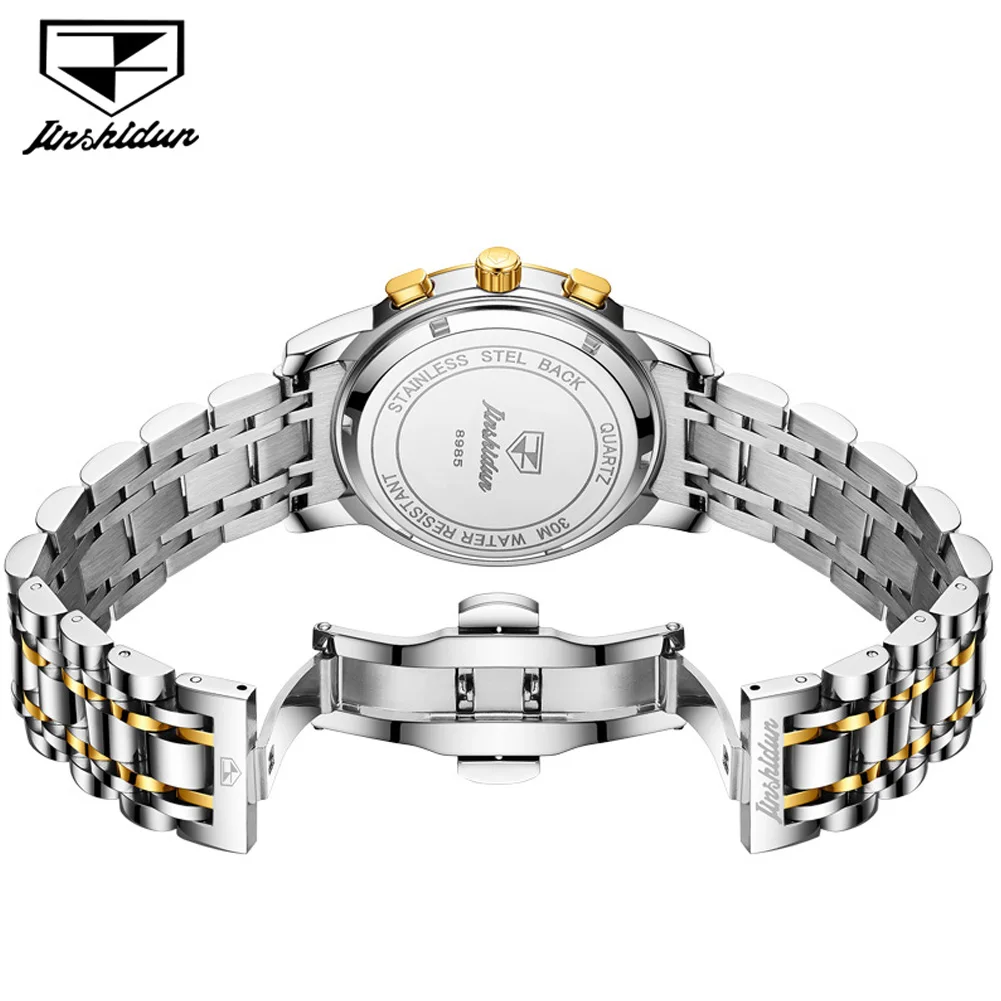 ساعات JSDUN الرجالية الفاخرة المقاومة للماء من الفولاذ الناعم كوارتز أصلية للرجال كرونوغراف لمرحلة القمر المضيئة