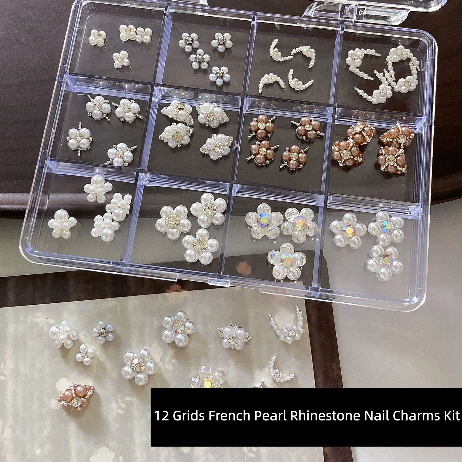 

New 12 Grids French Style Pearl Nail Charms Set, 3D White Flower Rhinestone Nail Art Decorations, Mixed Luxury Nail Accessories