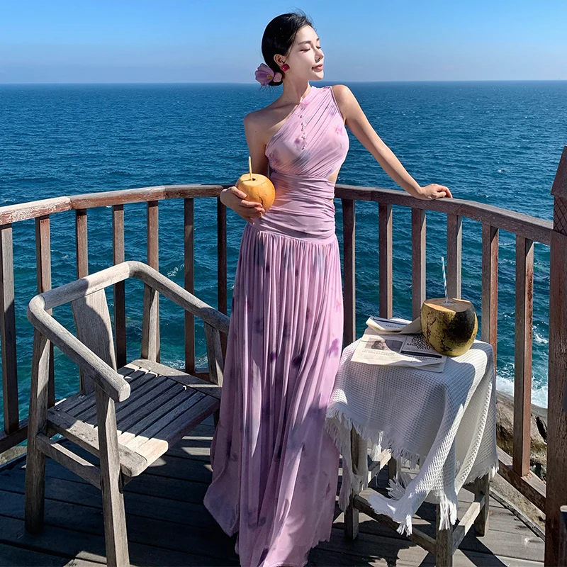 

Pink Purple Printed Waist Cinching Dress With Feminine Summer Temperament, Hollowed Out Slanted Shoulder Slim Fit Long Skirt