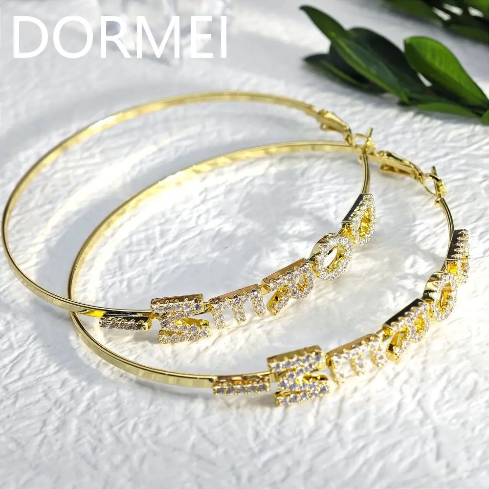 

Lateefah Stainless Women Earrings Crystal Name Custom Earrings Hoop Steel Single Hoop 9mm Zicron Letters Front Name on Hoop