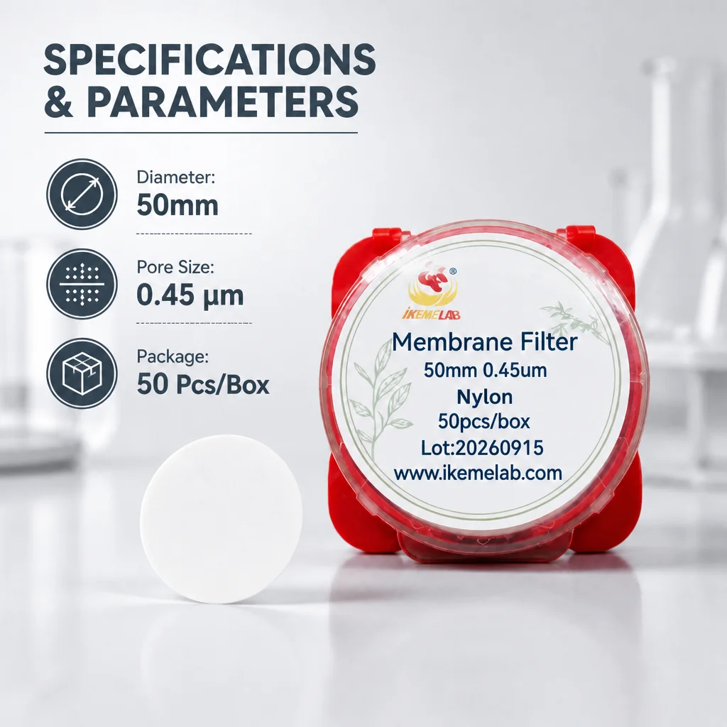 IKEME 50mm Nylon Membrane Disc 0.45um 50pcs Hydrophilic Microporous Filter for HPLC Sample Preparation Water & Organic Solvent