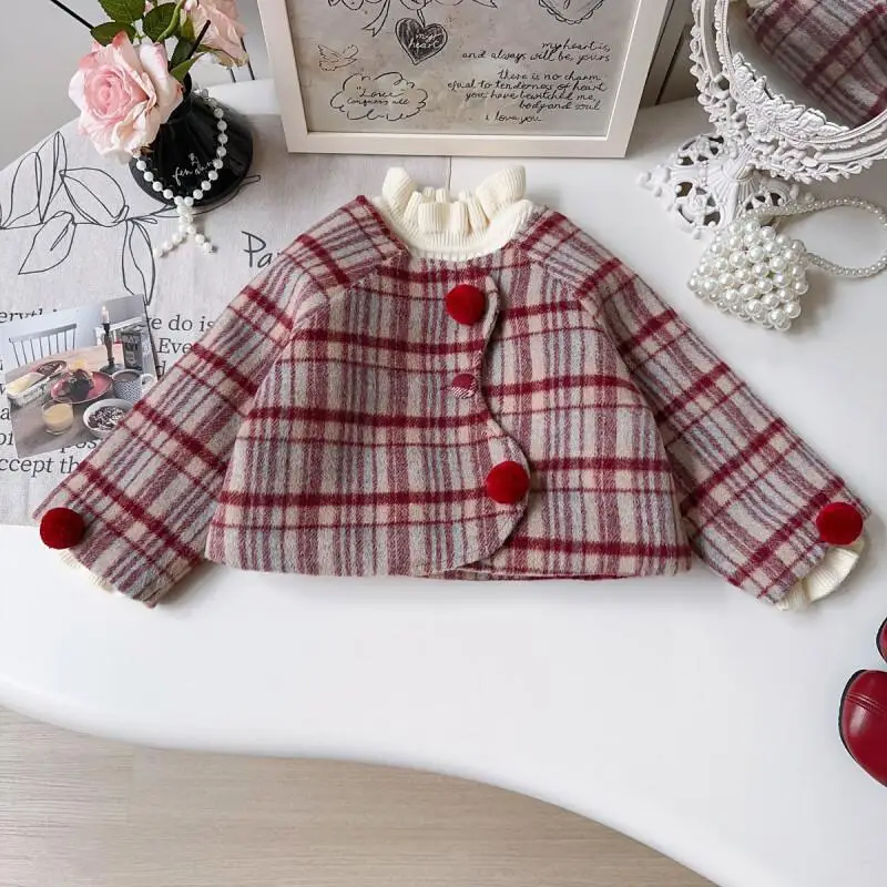 

Hot Girl Coat Autumn Winter Jacket Grid Short Style Long Sleeves Round Neck Tops Child Kawaii Fashion New Style Casual Clothing