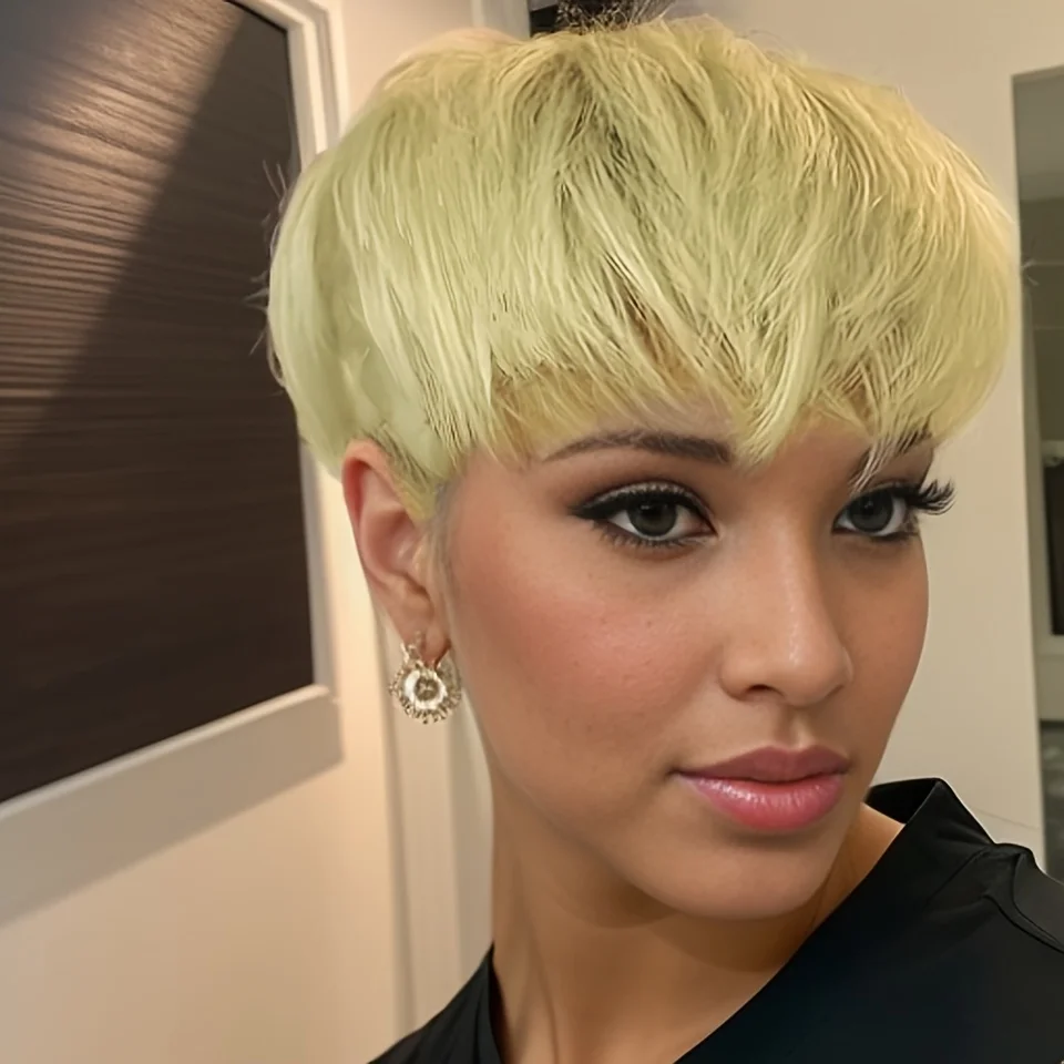 350 짧은 픽시 컷 가발 인모 여성용 인모 가발 전체 기계 짧은 직선 가발