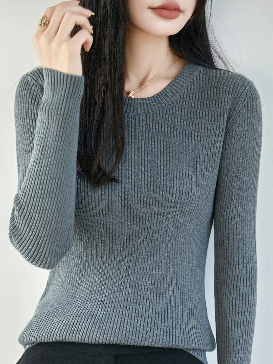 Minimalist Style Pure Cotton Knitwear round Neck Striped Long Sleeve Women's Slim Fit Warm Base Shirt Inner Wear Sweater