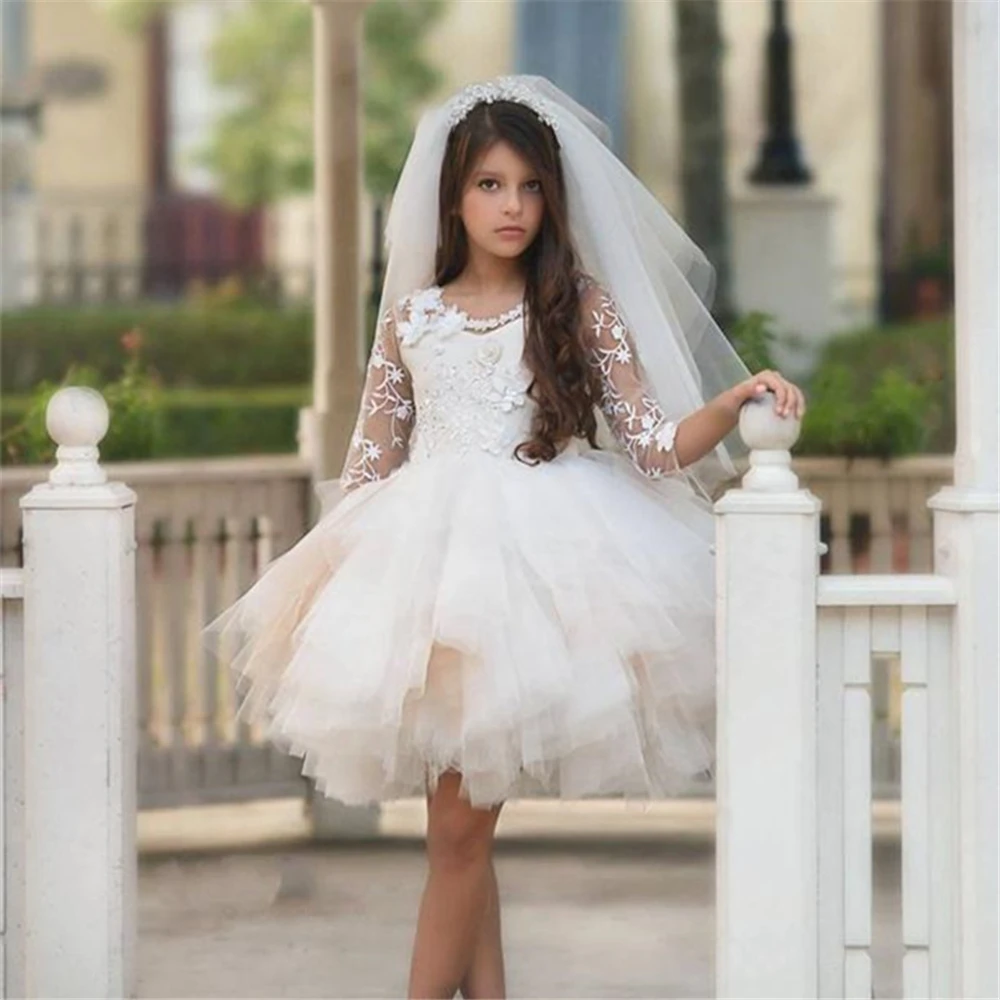 Holy Long-sleeved Tulle Lace Layered Flower Girl Dress Princess Ball First Communion Dresses Kids Surprise Birthday Present