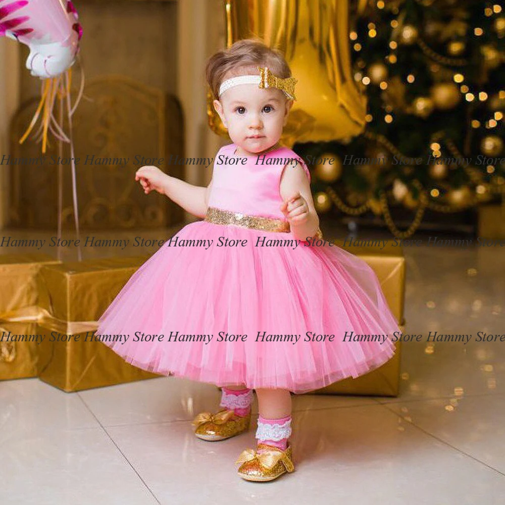 Yipeisha Little Girl Party Dresses for Birthday Cute Pink Round Neck Gold Bow Tutu Gown Puff Wedding Flower  Dress