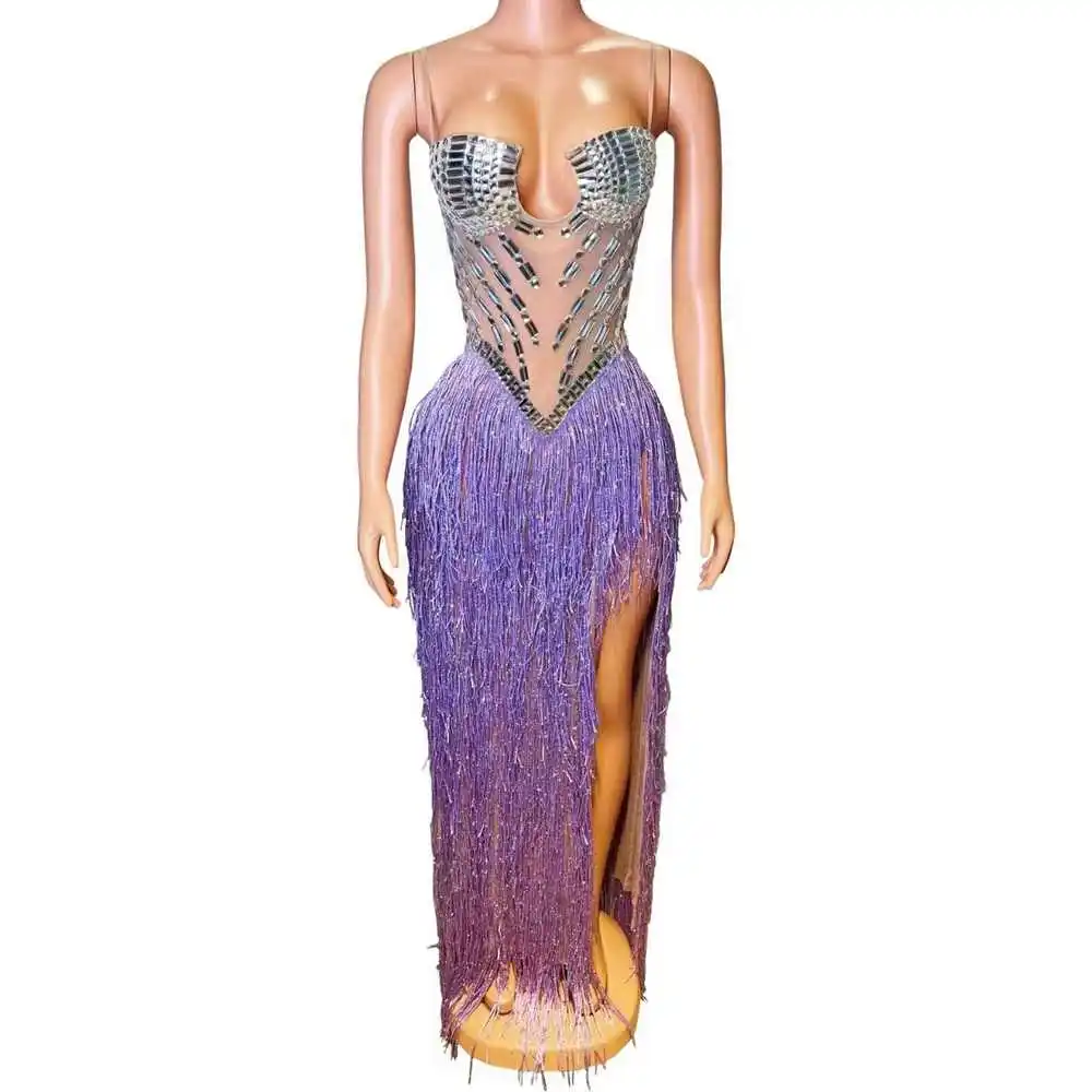 

Sparkly Rhinestones Tassels Split Birthday Celebrate Evening Prom Dress for Women Sexy High Slip Mesh Transparent Dance Costume