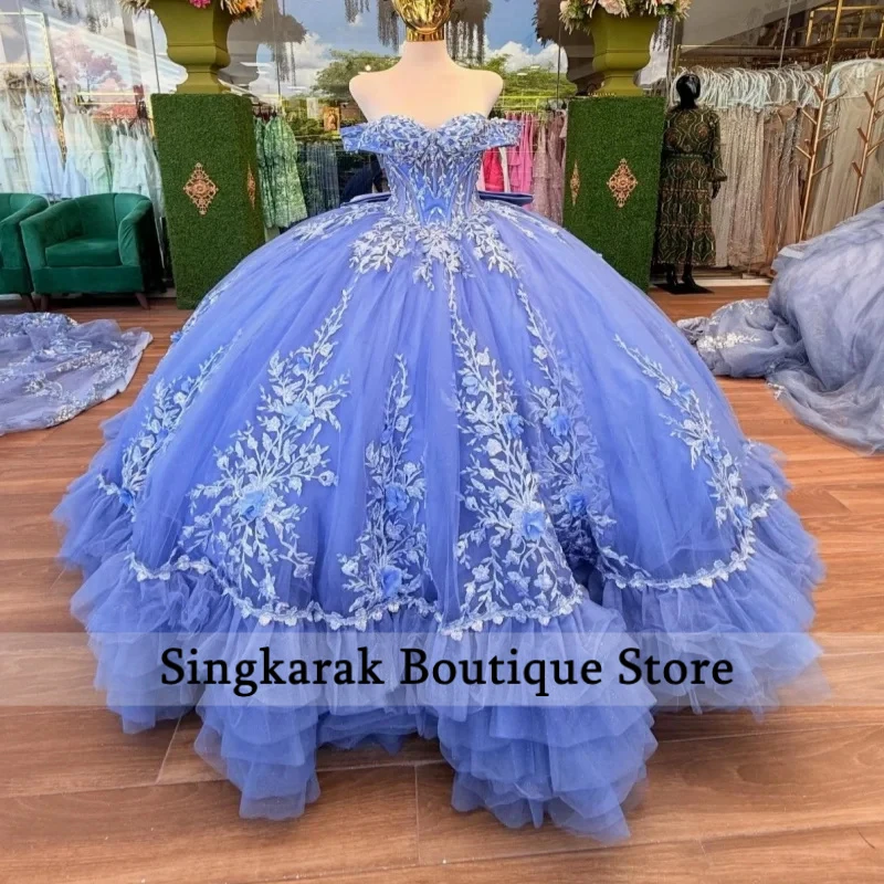 Vestidos de Quinceañera Azules de Gala con Apliques Florales, Cuentas, Lazo de Cristal, Corsé de Tul y Hombros Caídos - Vestido de 15 Años / Sweet 16