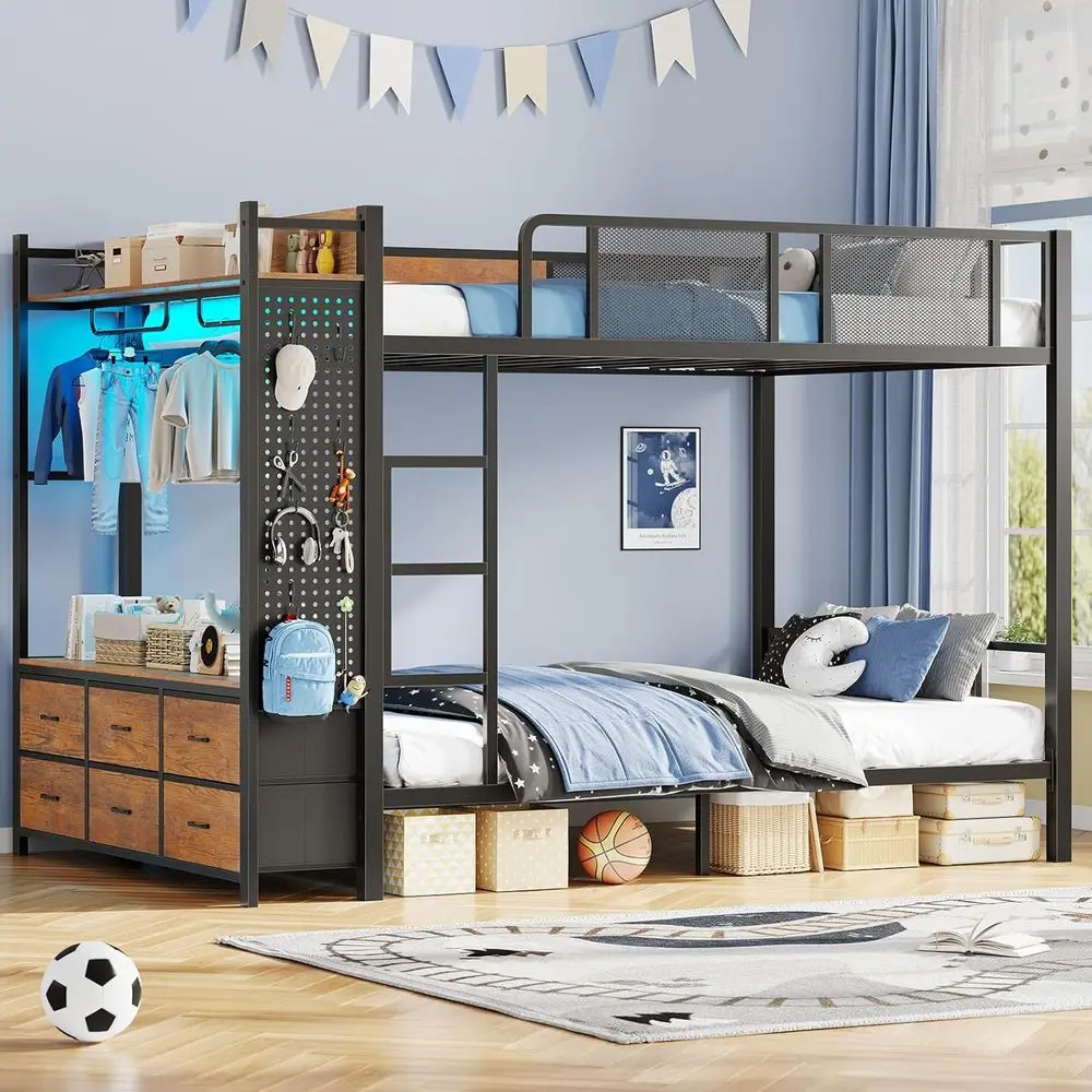 

Double Deck Bed with Hall Tree, Power Outlet, 6 Drawers Storage, Safety Rail & Ladder, 400lb Capacity, Rustic Brown