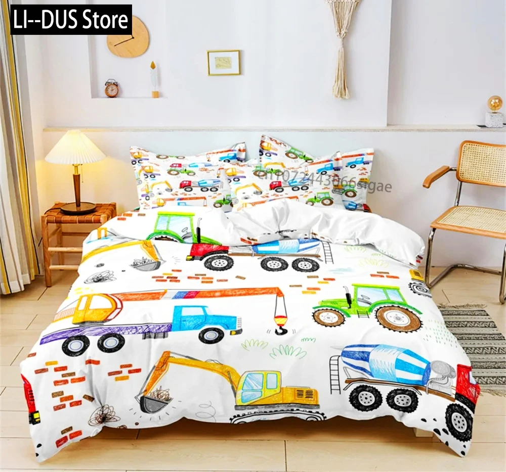 

Cartoon Car Bedding Set Construction Vehicles Comforter Cover 3pcs Kids Machinery Truck Soft Polyester Duvet Cover for Boys Gift