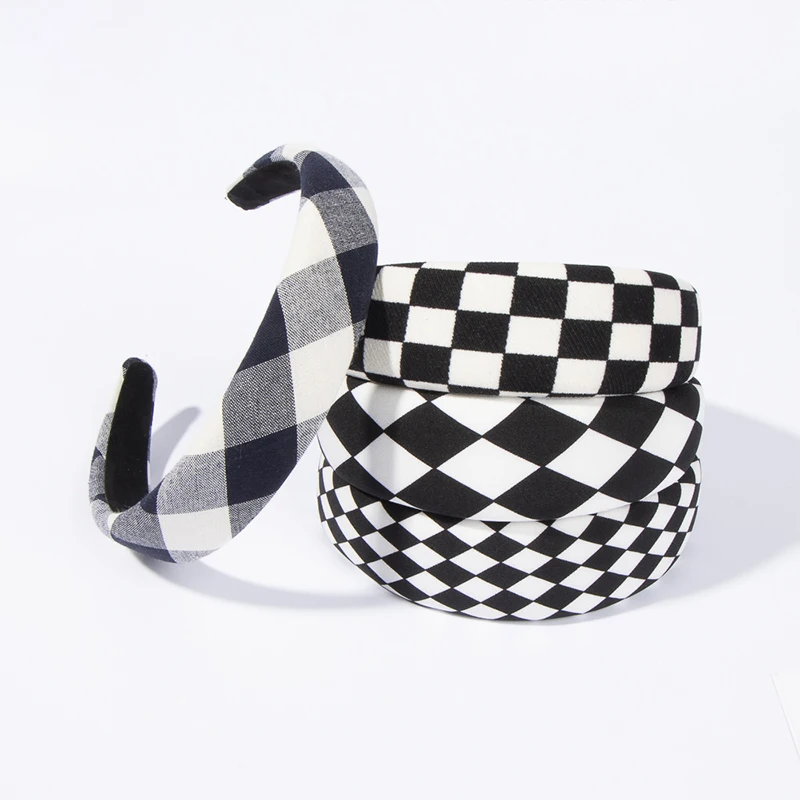 Checkerboard Wide Headbands Black White Plaid Fabric Hairbands for Women Hair Accessories Girls Modern Fashion Daily Headwear