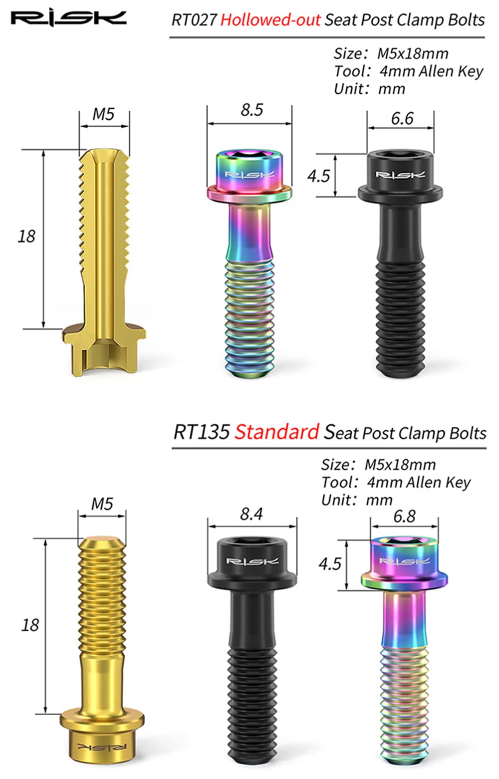 RISK 2PCS M5*18mm Bike Stem Handlebar Fixing Titanium Ti Bolts Fixed Screws Hollow Lightweight  for MTB Bicycle Seat Post Clamp