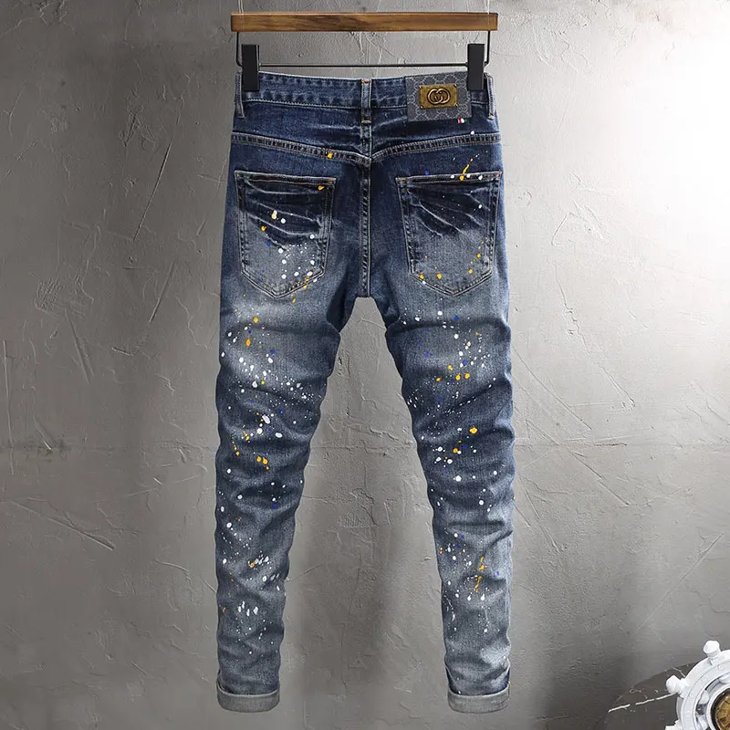 Street Fashion Men Jeans Retro Washed Blue Elastic Slim Fit Vintage Ripped Jeans Men Painted Designer Hip Hop Denim Pants Hombre