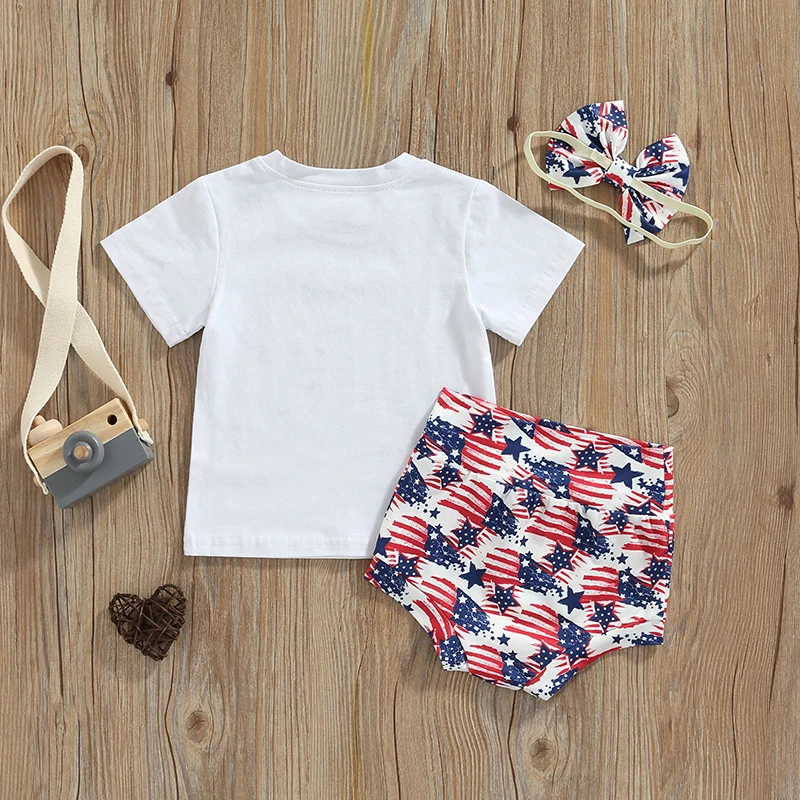 4th of July Baby Girl Outfits Set Patriotic American Flag Print T-shirt Tops Elastic Waist Drawstring Shorts Headband Kit