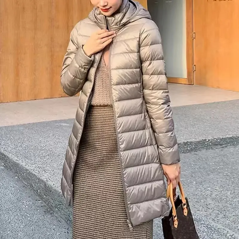 

Winter Women Slim Hooded Puffer Jacket Mid-length Parkas Solid Female Light Thin Outerwear Fashion Warm Down Cotton Snow Coat