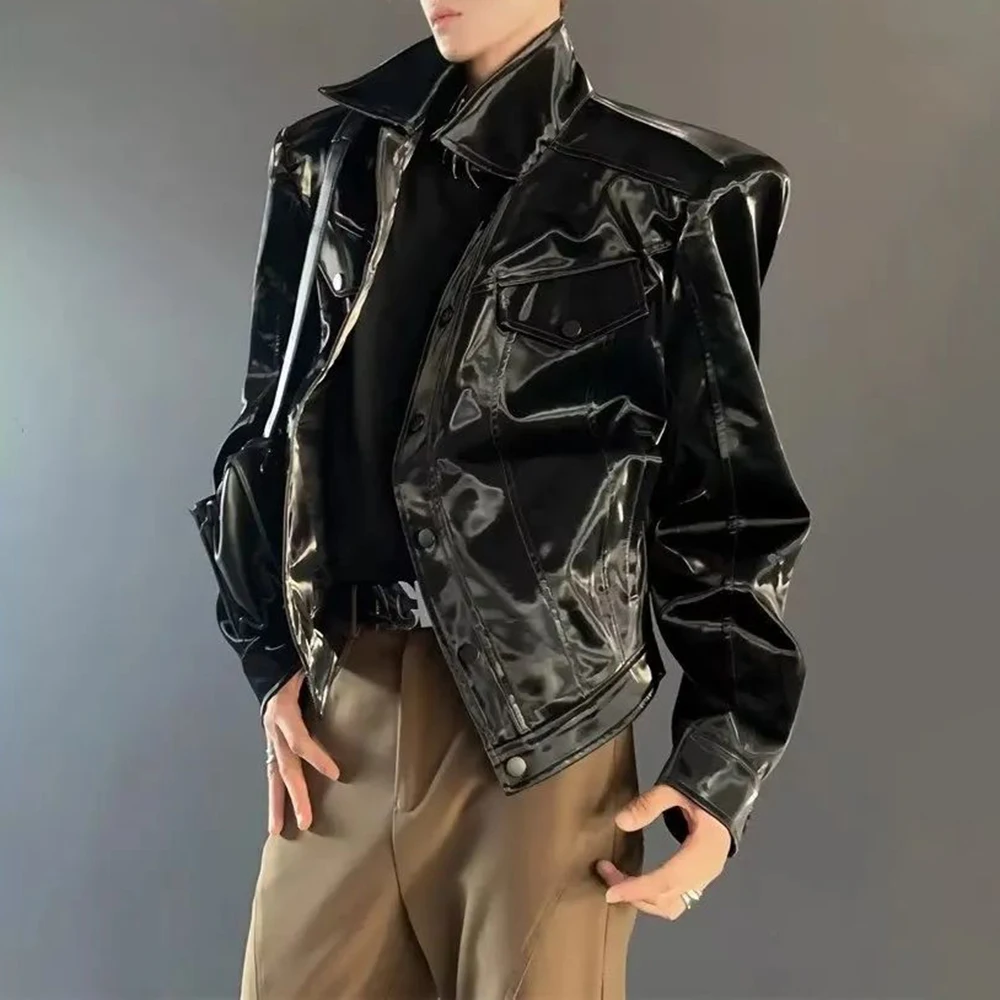 

Mens Y2k Glossy Shoulder Pad Jacket 2024 New Genderless Fashion Personality Metal Functional Style Solid Color Jacket Unisex