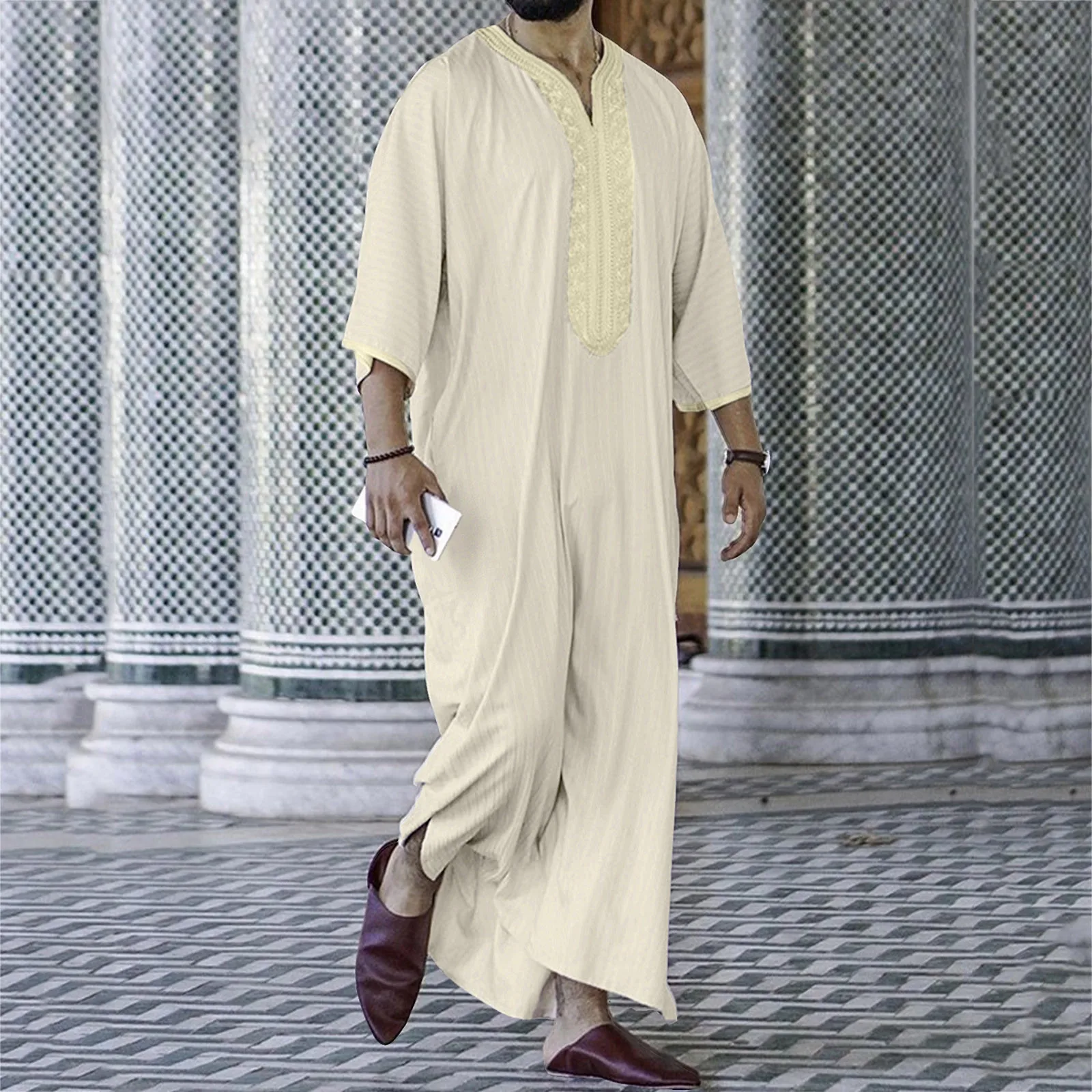 

Abaya Men Ramadan Islam Robe Kameez Galabia Spring 2024 New Ethnic Style Loose Casual Embroidered White Muslim Robe