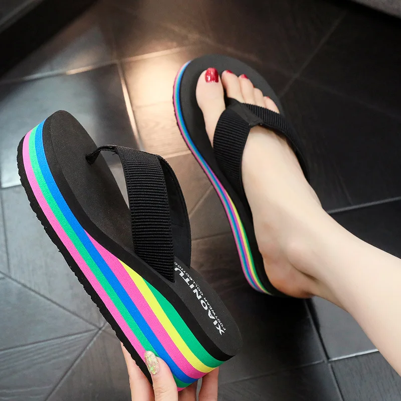 Slippers Women Summer Rainbow Thick Soled Sandals Colorful High Heels Outside Casual Beach Flip Flops Women Chanclas Mujer EVA