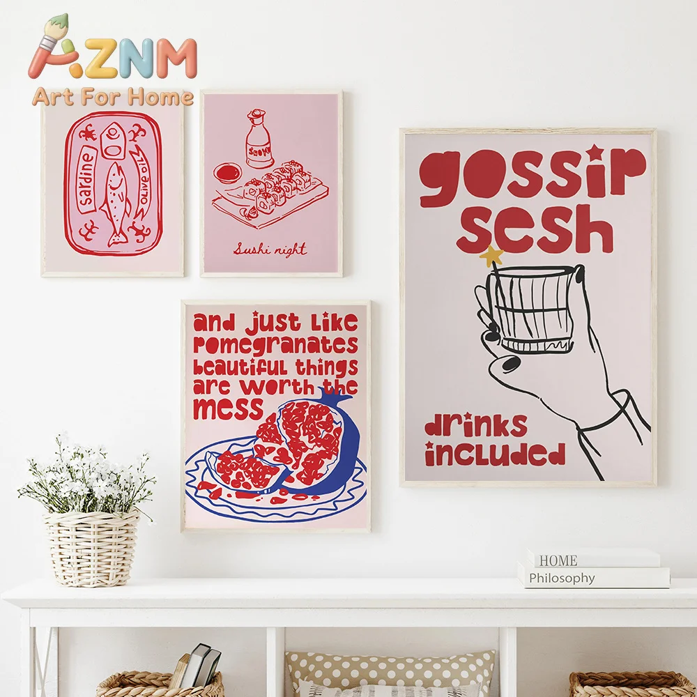 Pasta Sushi Lover Club Night Doodle Girl Dinner Poster Print Trendy Y2k Kitchen Food Drinking Bar Pink Red Preppy Room Decor