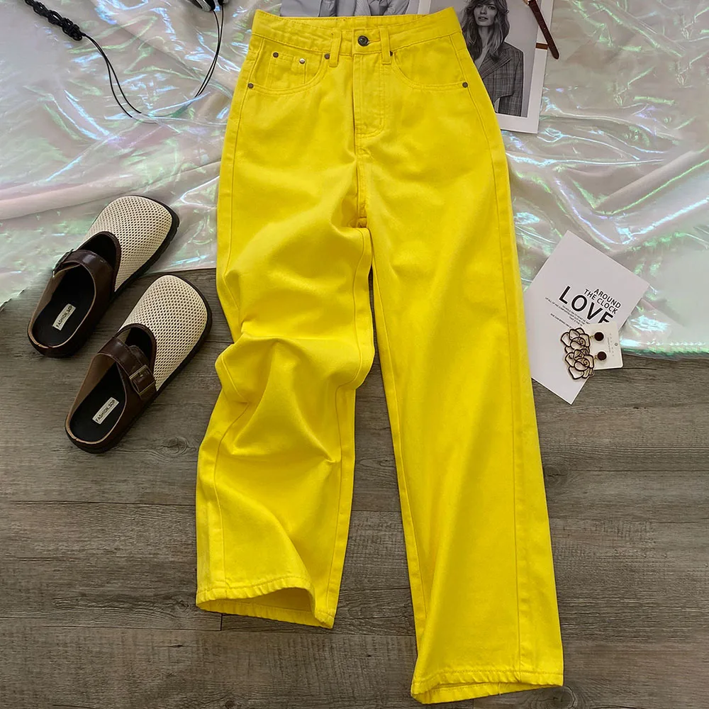 

Fashion Lemon Yellow Jeans Women High Waist Straight Loose Full Trousers 2025 New Autumn Trendy Wide Leg Denim Pants