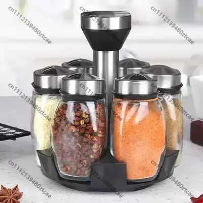 7‑piece Glass Seasoning Jar Set With Rotating Base Household Condiment Storage Kit For Salt And Other Spices Kitchen Food
