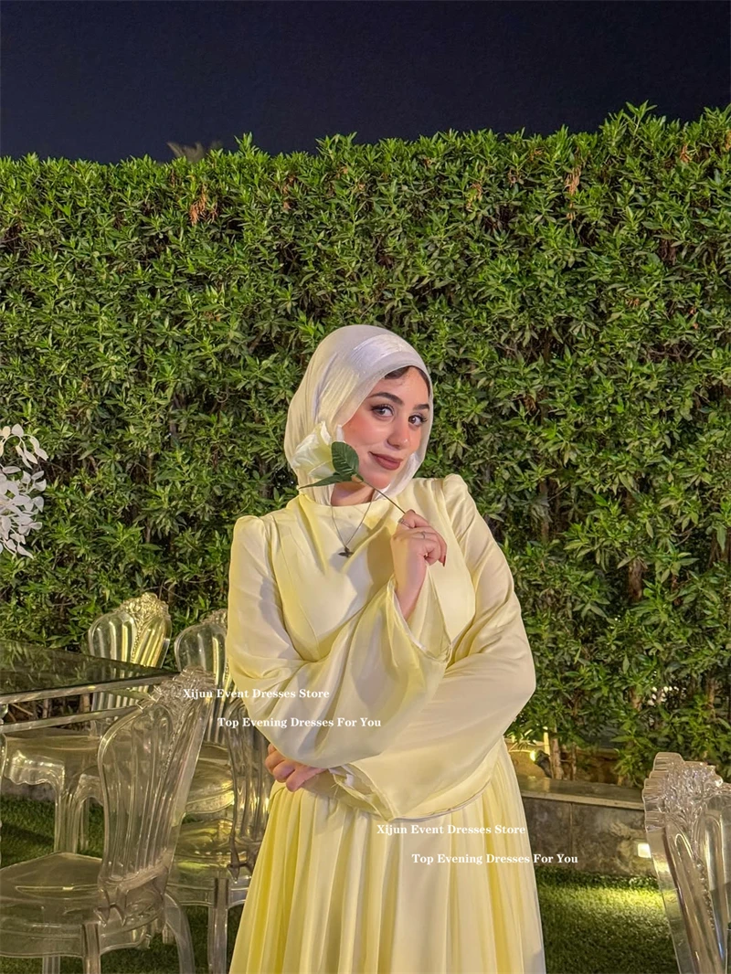 Xijun Modesto Baby Abiti da sera gialli Chiffon maniche lunghe A-Line Abiti da ballo formali Lunghezza pavimento Abito da ballo Dubai Personalizzato