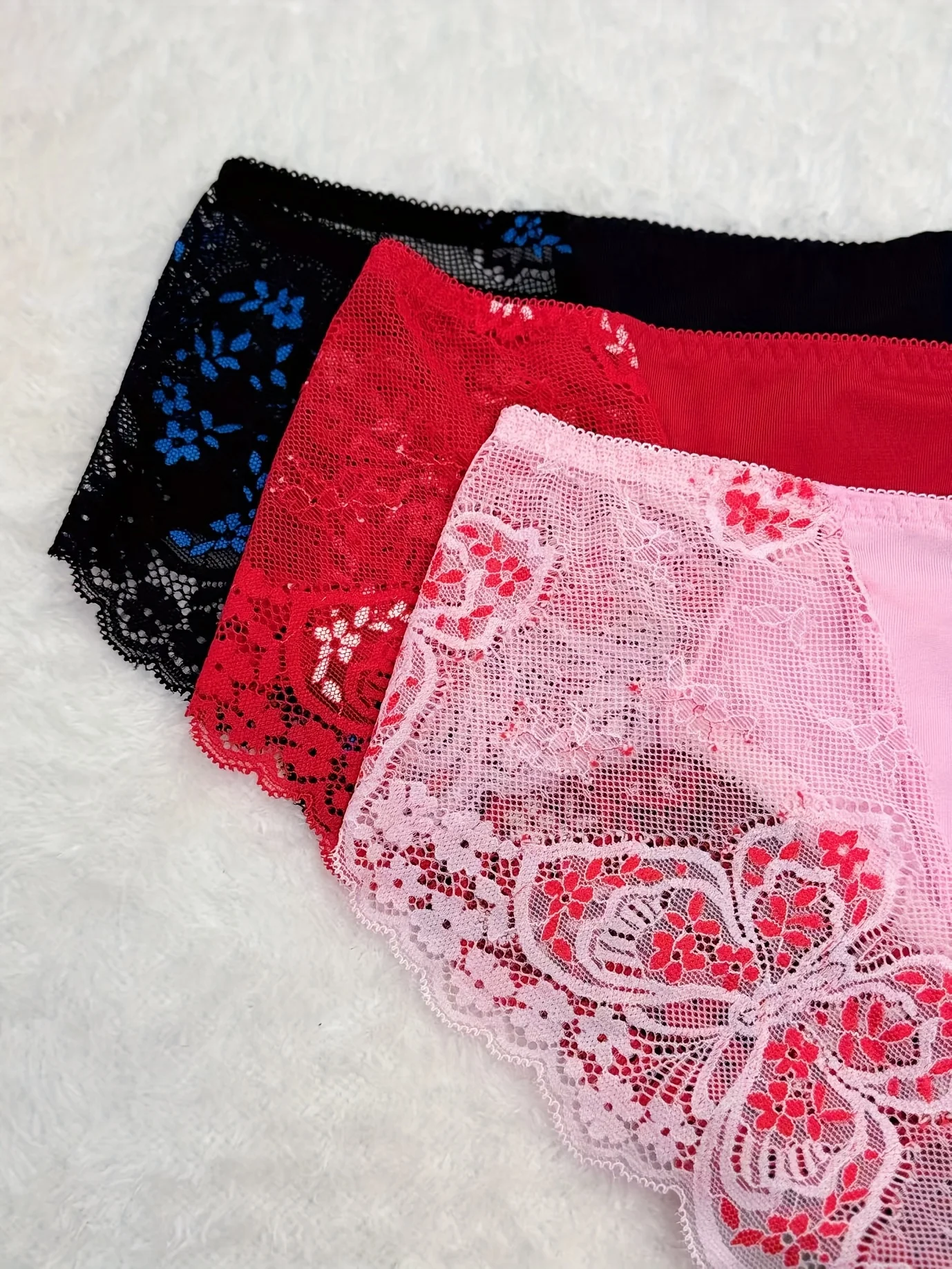 Calzoncillos de encaje sexy para mujer, talla grande, paquete de 3 unidades, con lazo, diseño floral, tejido de malla, suaves, cómodos, ideales para el uso diario.