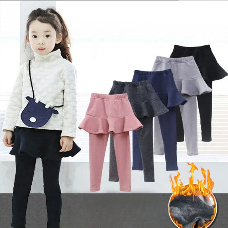 

Winter Girls Padded Bottoming Skirt-pants Fleece Thick Warm Pants for Kids Cotton False Two Pieces Leggings Casual Child Tights