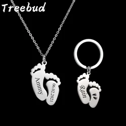 Treebud Custom Engrave Name Foot Necklace Keychains For Baby Mom Stainless Steel Laser Engrave Words Date Keyrings Pendants