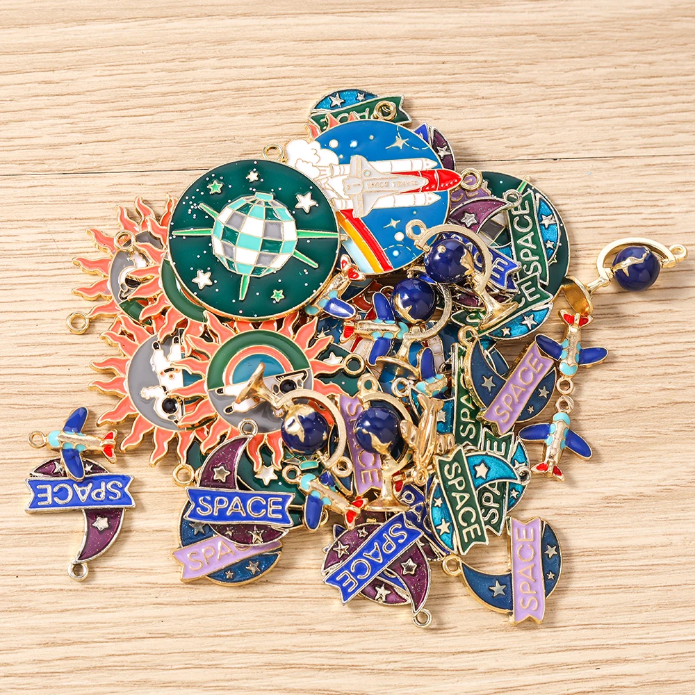 

Tusember 10pcs Enamel Pendants Sun Moon Globe Space Airplane Rocket Charms for Necklaces Earrings Bracelets Jewelry Making Craft