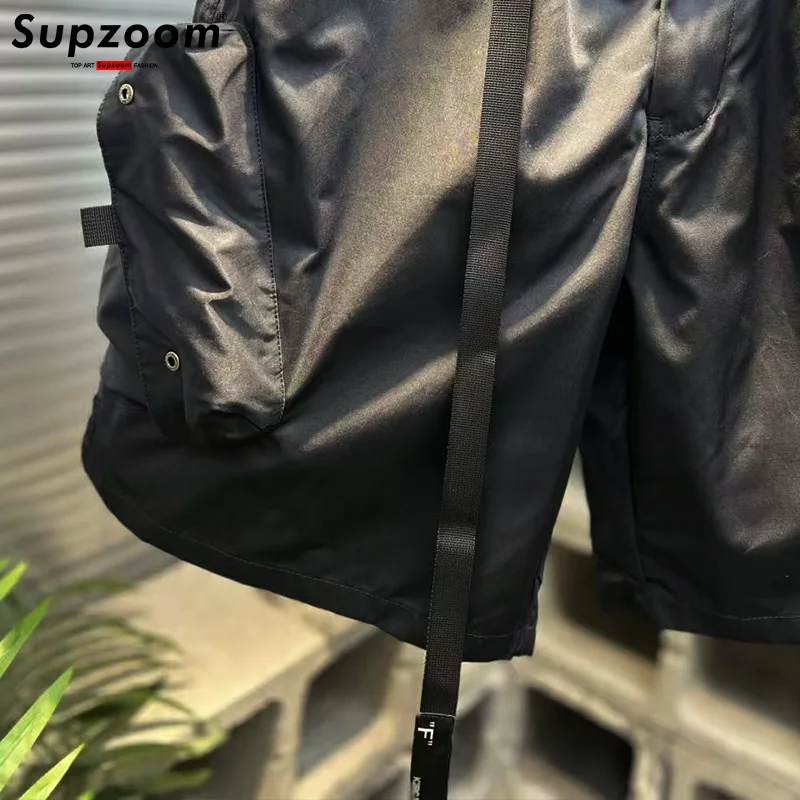 Supzoom New Arrival Top Fashion Summer Loose Casual Belt Design High Street Trendy grid Stitching Pocket Personalized Shorts Men