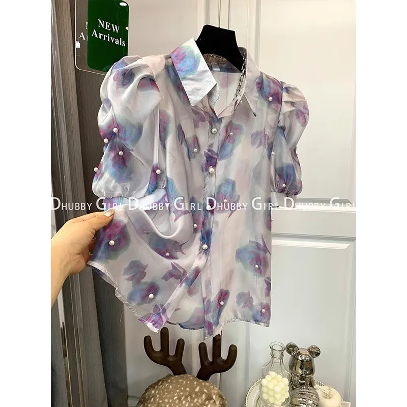 Street Cute Sweet Purple Printed Party High Quality Tshirt Tees Women Buttons 2023 Summer Short Sleeve Korean Fashion Ladies