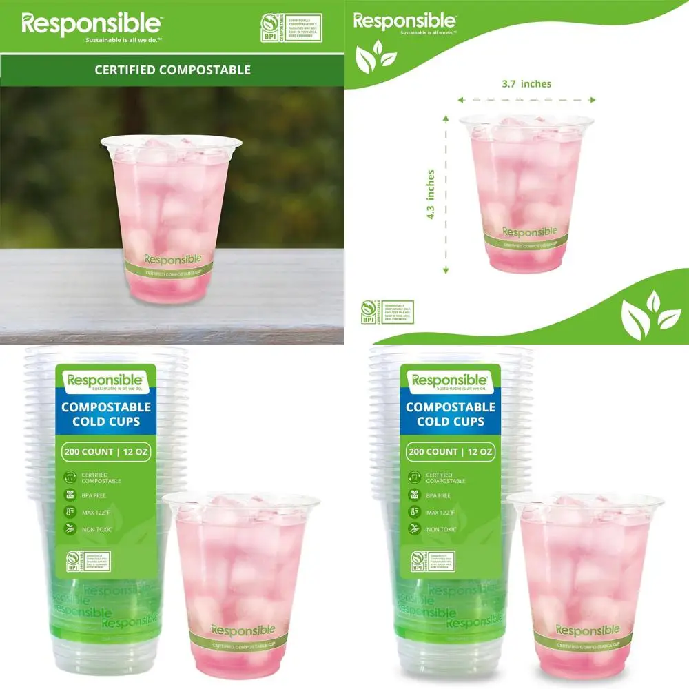 

100% американские биоразлагаемые компостируемые стаканы для холодных напитков, 12 унций, без BPA, упаковка 200 штук