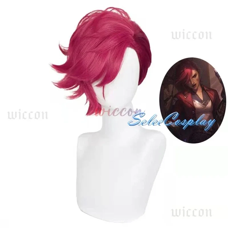Juego LOL Arcane Vi Cosplay peluca VI 30cm Rosa profunda negro corto pelo sintético resistente al calor pelucas de juego de rol de Anime + gorro de peluca