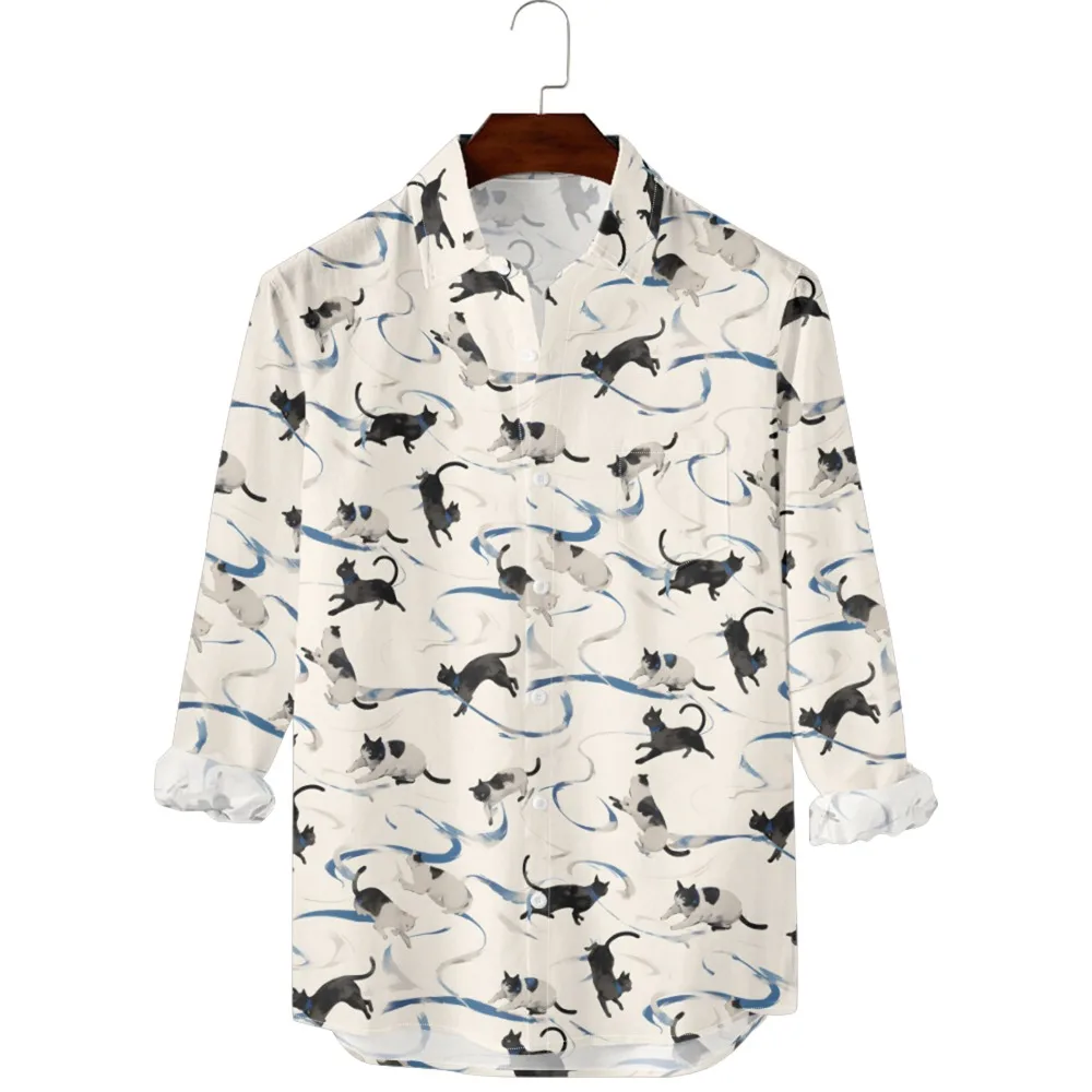 Hawaiian Button Up Shirts Love Pet Cat Face Printed Full Sleeve Streetwear Casual Men Vacay Beach Parties Travel Poolside Shirt