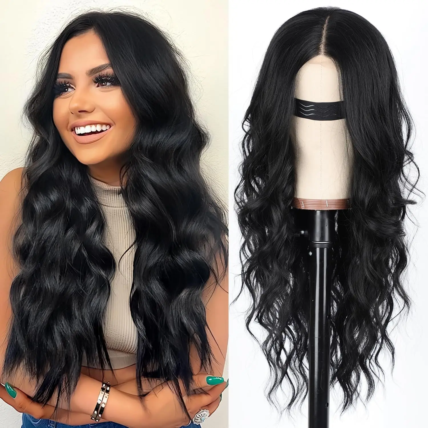 Black long wavy synthetic wig, Halloween wig, cosplay wig, role-playing wig, daily party wig, high-temperature hair accessory