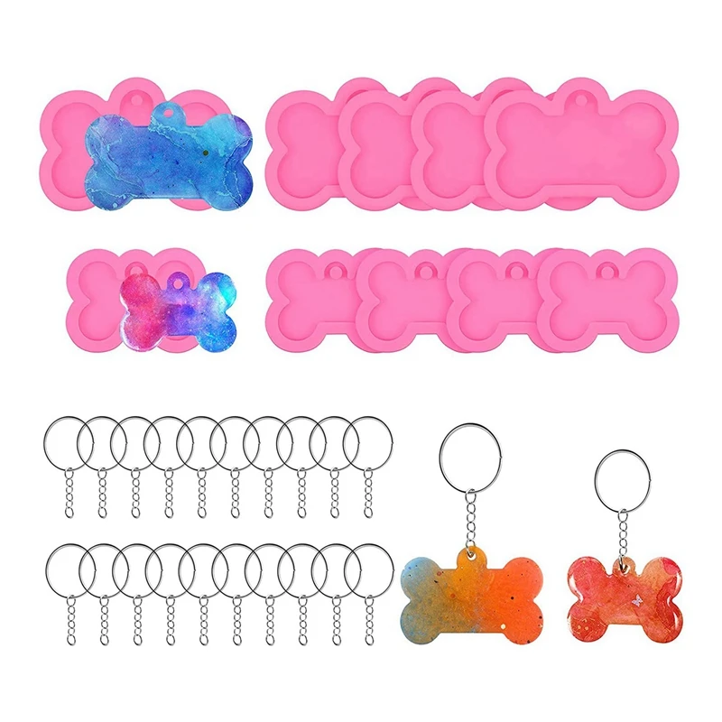 Dog Bone Resin Silicone Molds, 20Pcs DIY Cute Dog Tag Epoxy Resin Mold With 40 Pcs Keychains For DIY Crafts Making