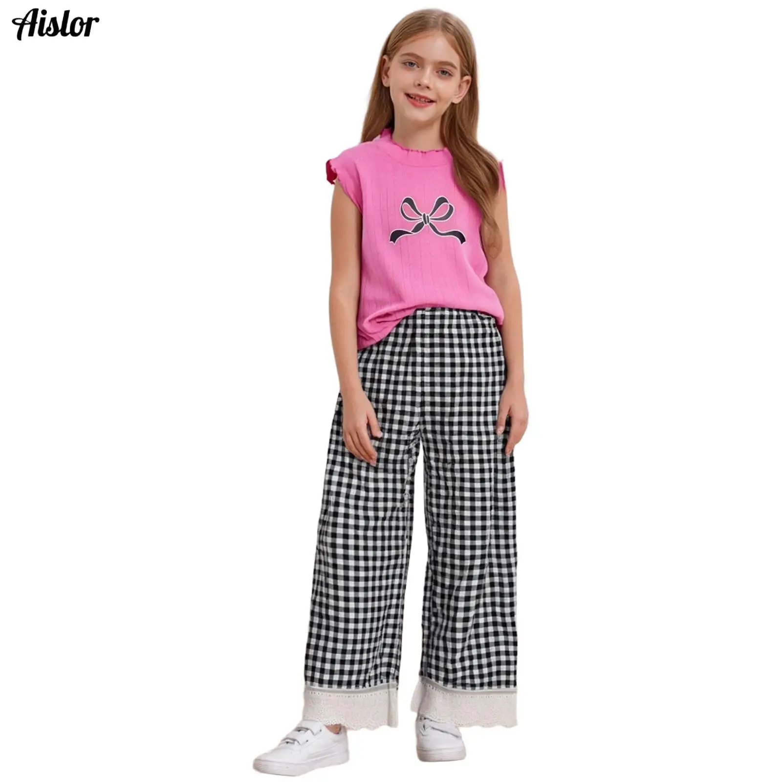 

Kids Girls Casual Outfit Cotton Round Neck Ruffle Bow Printed Sleeveless Top with Lace Trim Pants for Holiday Vacation Beach
