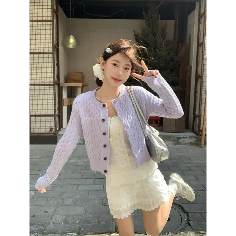 

Autumn New All Match Purple Fried Dough Twists Knitted Cardigan Coat Women Wear Korean Long Sleeve Fashion Top Spring