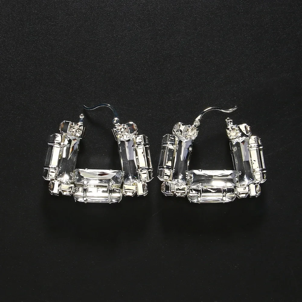 Stonefans Orecchini a cerchio grandi in cristallo cavo Accessori quadrati da donna Design elegante Orecchini geometrici con strass Orecchini da ballo