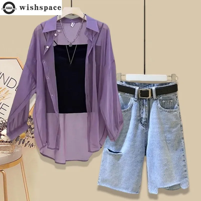 

Spring and Summer Women's Set New Chiffon Sun Protection Shirt with Inner Straps Denim Shorts Elegant Women's Three Piece Set