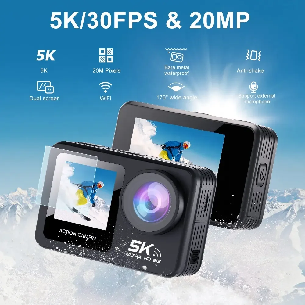New 5K 60fps EIS WiFi Body Waterproof Action Sports Camera Dual Screen Touch Mini Sport Action DV Recording Function Accessories