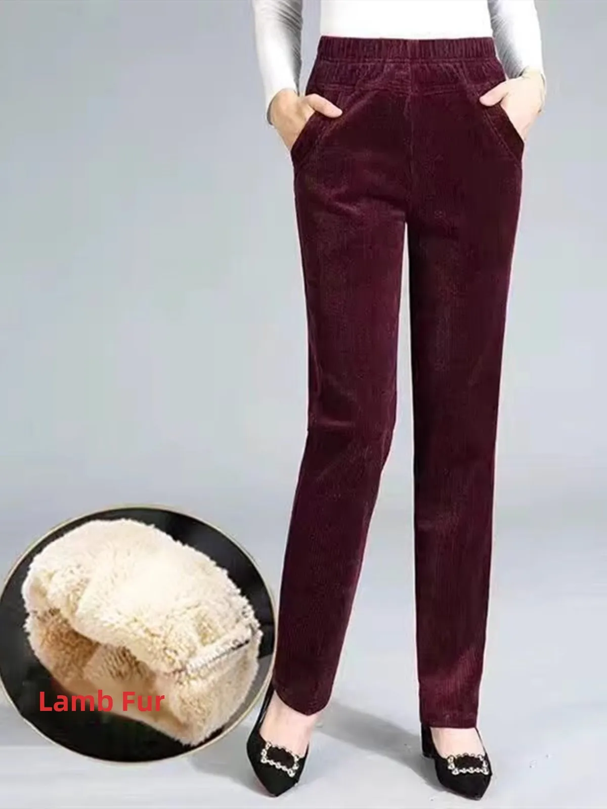 بنطلون هارلان سميك للخريف والشتاء، بنطلون نسائي كاجوال مستقيم الساق، خصر عالي، مبطن بفرو الغنم، بنطلون أمهات من القطيفة المضلعة
