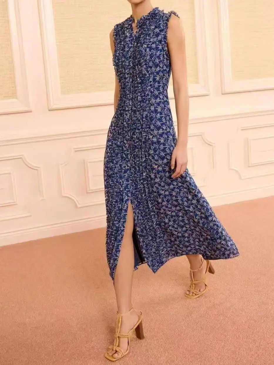 Sommer 2026 Damen 100% Seiden-Maxikleid mit Blumenmuster, Rüschenkragen, ärmellos, einreihig, Vintage-Stil