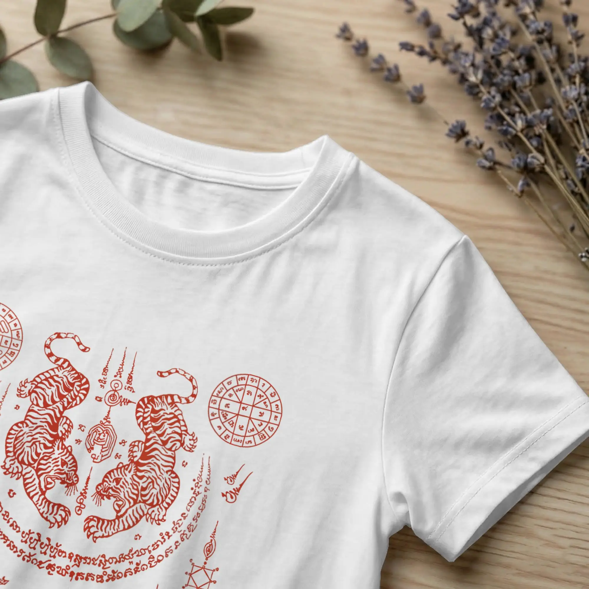Men's Sak Yant Twin Tigers Paed Tidt Thailand T Shirt 8 Directions Cotton merchandise Short Sleeve Round Neck Tee Shirt T-Shirts