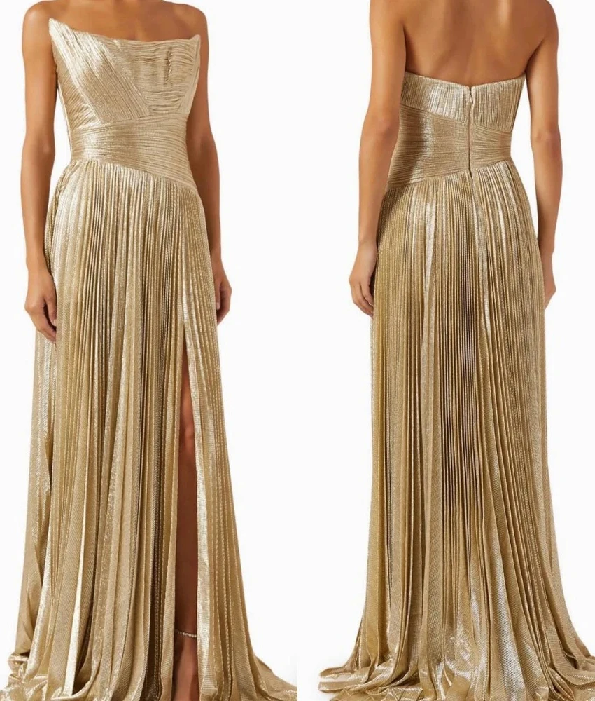 

Customized Elegant Gold Pleated Satin Evening Dress Backless Off-Shoulder Formal Event Gown with Train,After Party Dress