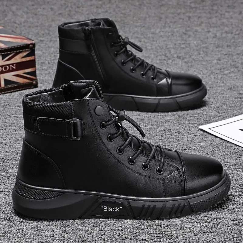 2024 New Mens Boots Fashion Platform Boots High Top Waterproof Leather Boots For Men Motorcycle Boot Big Size48 Botas Masculinas